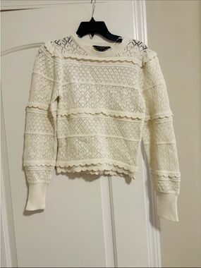 STUDIO 19, Cream/ White Knit Lace-Detail Sweater, Size XS